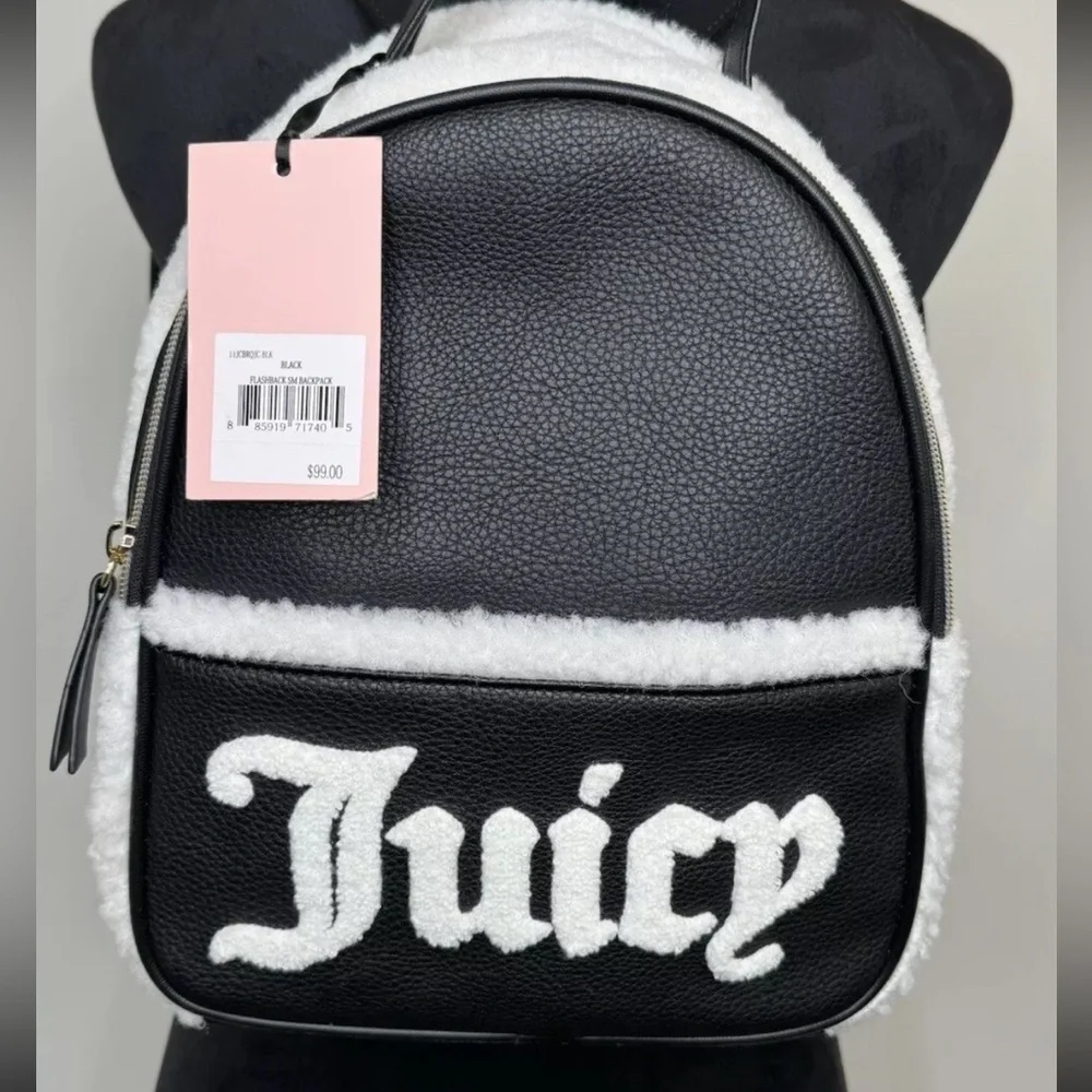 Juicy Couture Black & White Faux Sherpa Flashback Small Backpack